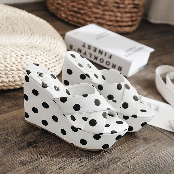 

slippers polka dot peep toe outside women platform wedges slides high summer shoes cross-tied sweet leisure pu, Black
