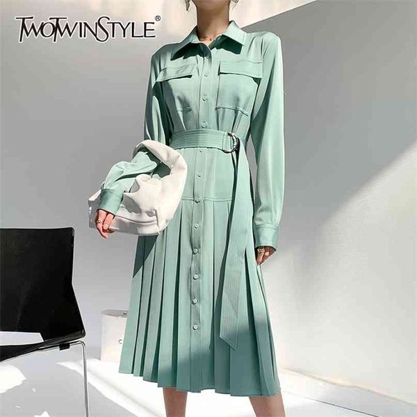 

elegant shirt dress for women lapel long sleeve high waist sashes green dresses female fashion clothing spring 210520, Black;gray