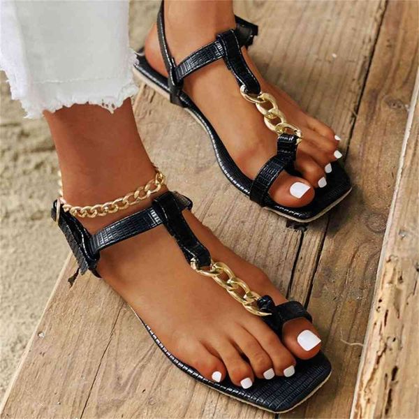 

aaa quality wholesale luxury fashion sandals women leather metal chain ring toe ankle strap buckle summer beach shoes ladies, Black