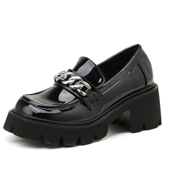 

dress shoes autumn patent leather women pumps metal chain decoration ladies creepers fashion platform high heels oxfords for woman, Black
