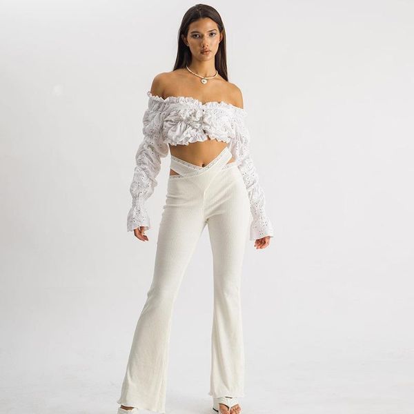 women's pants & capris fashionable lace hem crossing women simple style flared trousers white solid color low waist with tie-up design, Black;white