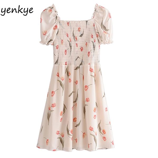

elegant summer dress women prairie chic floral print sweet lady square neck a-line mini chiffon puff sleeve vestido 210514, Black;gray