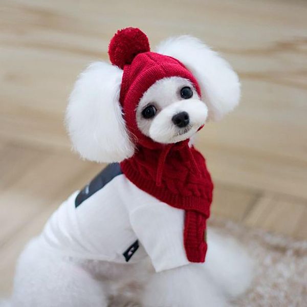

dog apparel pet winter knitting hat and scarf set, solid colored cold weather neck head warmer costume warm cute