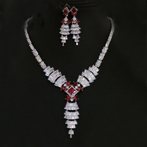 

earrings & necklace 2021 luxury white gold color plant cubic zirconia big dubai bridal wedding jewelry sets for women, Silver