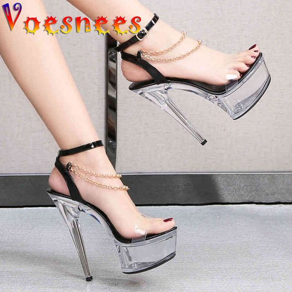 

slippers voesnees transparent women stiletto shoes 2021 chain design crystal heel ladies hyaline platform hentian high sandal, Black