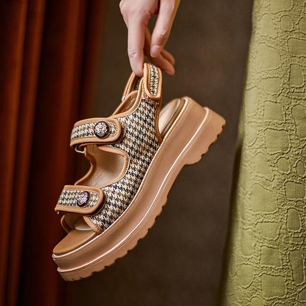 

plaid genuine leather sandals women square high heels party shoes summer platform ladies gladiator dress, Black