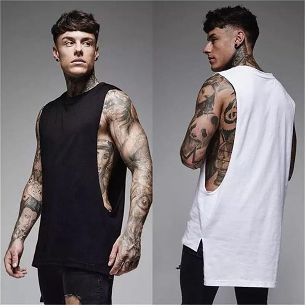 

mens casual fashion tank gym fitness workout cotton sleeveless shirt summer clothing male extend long singlet hop vest, White;black