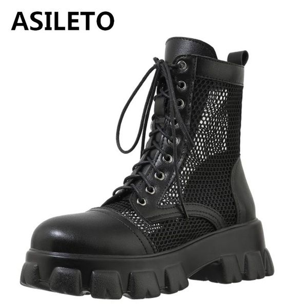 

ladies fashion round toe thick bottom net mesh boots lace hiking army casual a4057 office summer non-slip, Black