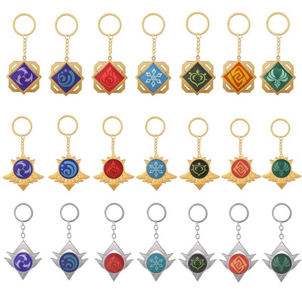 

keychains game genshin impact eye of god 7 elements wind water thunder grass rock fire logo emblem alloy keychain keyring key chains, Silver
