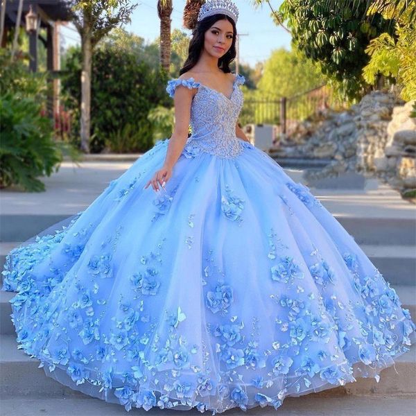 

off the shoulder ball gown quinceanera dresses lace 3d floral appliques prom gowns floor length puffy tulle tiered sweet 15 masquerade dress, Blue;red