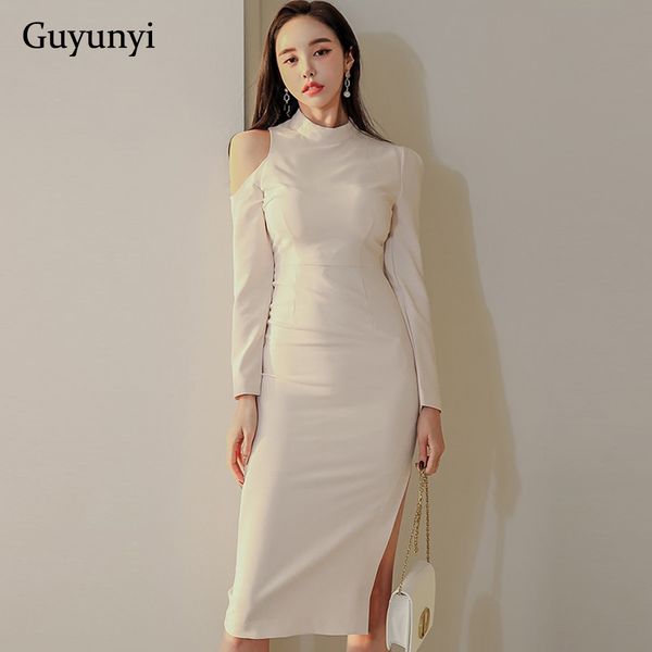 

korean version office lady dress 2021 spring simple solid color stand collar high waist tight side slits elegant party dress, Black;gray