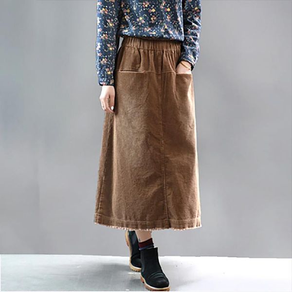 

skirts autumn winter skirt women retro slim-type corduroy 2021 ladies elastic waist pocket casual all-match, Black