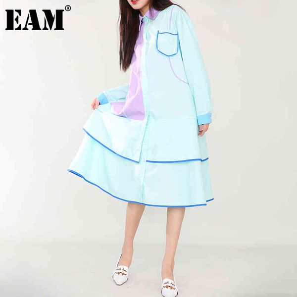 

[eam] women ruffles big size contrast color shirt dress lapel long sleeve loose fit fashion spring autumn 1dd481305 21512, Black;gray