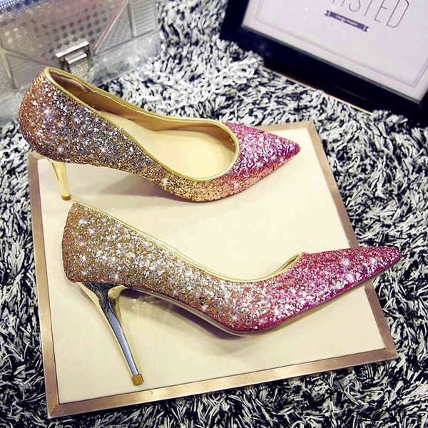 

events princess party glitter sequined wedding shoes real leather shallow mouth thin high heels pointed 8 colors size, Black