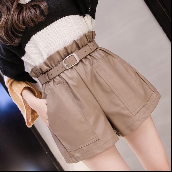 

pu leather wide legged empire womens shorts ruffles elastic waist girls a line faux bottoms gd5588, White;black