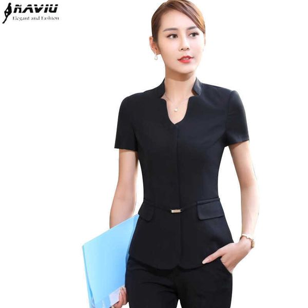 

summer fashion busines pant suit formal slim short sleeve v neck blazer and trousers office ladies work wear uniform 210604, White;black