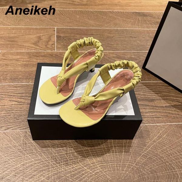 

sandals aneikeh 2021 summer concise women's pu thin heels thong pleated gladiator elastic band shallow classics party blue, Black