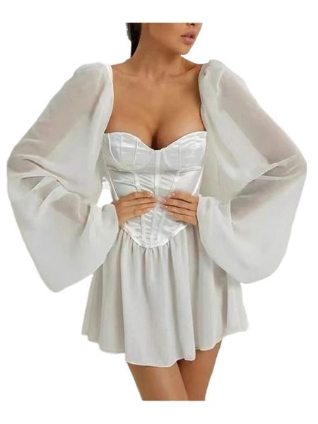 

casual dresses fashion womens long balloon sleeve dress summer solid color square neck for girls mesh tunic streetwear, Black;gray