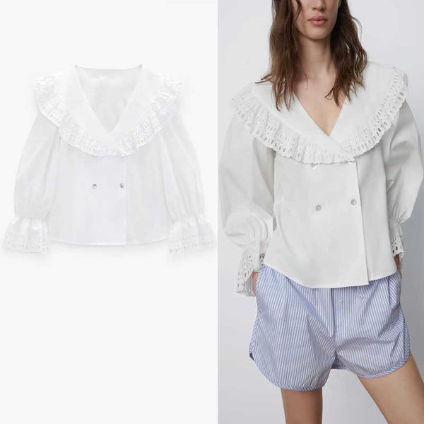 

za white double breasted embroidered shirt women long puff sleeve vintage summer woman embroidery trim blouse 210602