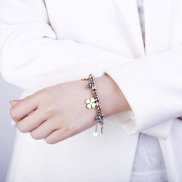 

charm bracelets trendy star clover stainless steel for women adjustable beads bracelet fashion jewelry friendship gifts 2021, Golden;silver