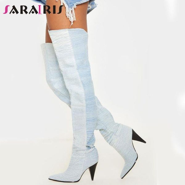

boots sarairis classic girl fashion designer pointed toe knee high women heels party dress shoes woman, Black