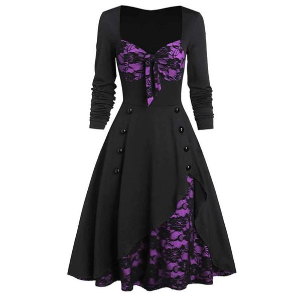 

women's vintage lace patchwork slim swing dress hepburn style casual retro evening party 1950s dresses, Black;gray