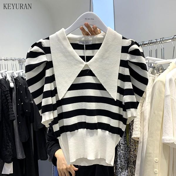 

women's sweaters 2021 spring autumn striped short sweater women stylish puff sleeve turn-down collar pullovers streetwear knitted, White;black
