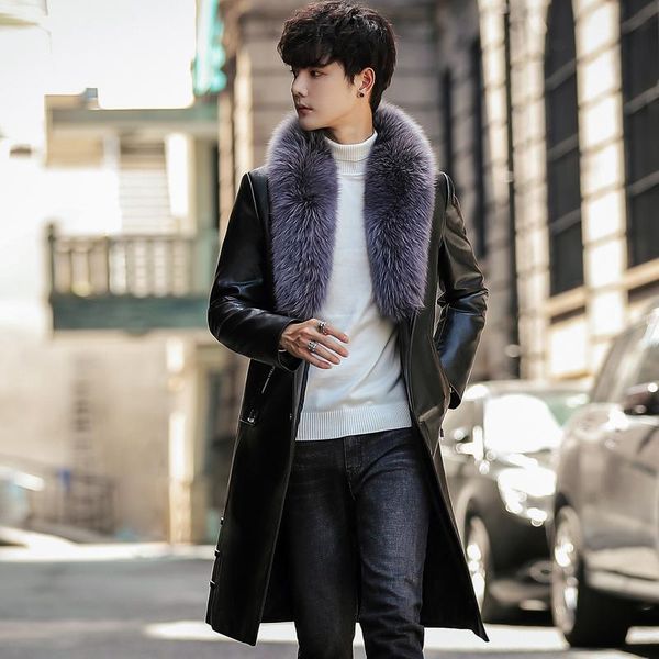 

men's fur & faux big collar mens leather trench coats overcoats luxury long slim fit plus padded coat, Black