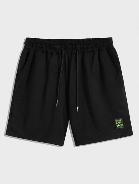 

men patched drawstring track shorts j3n8#, Black