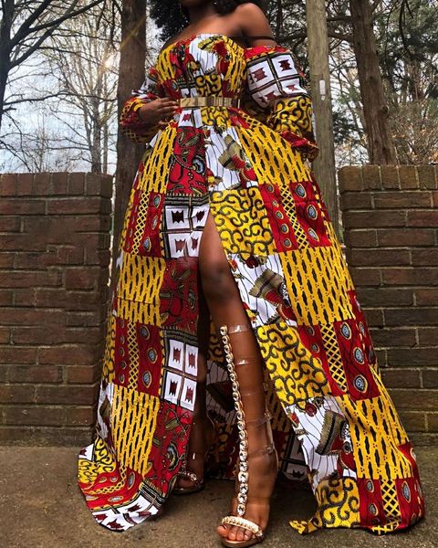 

african dresses women long sleeve dashiki robe summer off shoulder dress ladies clothing clothes ethnic, Red