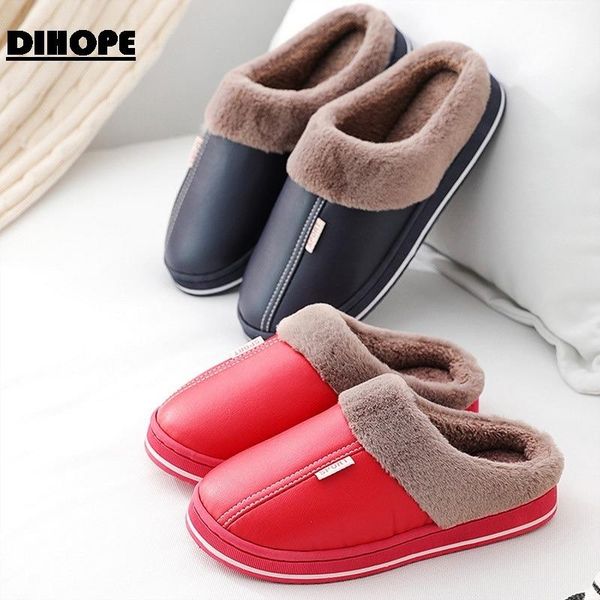 

slippers pu waterproof women men kids winter plush keep warm flat home shoes family soft comfort sewing interior slipper, Black