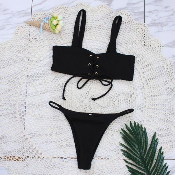 

two-piece suits est bikinis female swimwear women high cut bikini set string swimming suit for black swimsuit