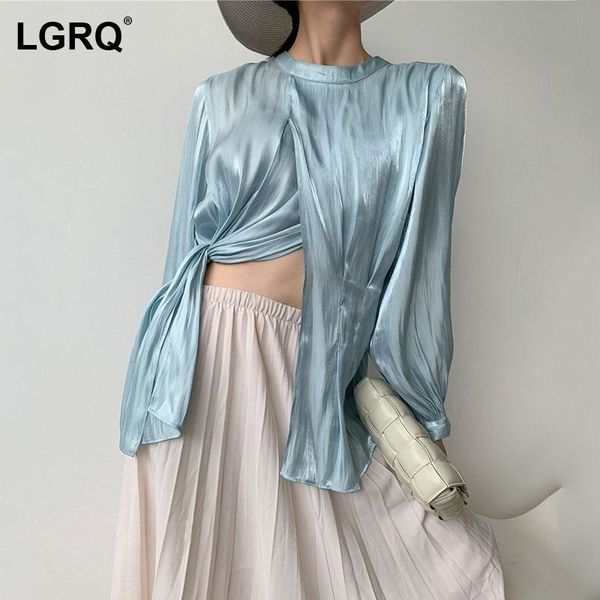 

women's blouses & shirts [lgrq] women blue casual split blouse stand neck long sleeve loose fit shirt fashion tide spring autumn 2021 1, White