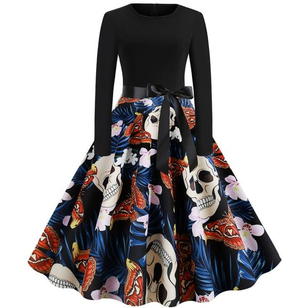 

casual dresses women halloween dress 2021 autumn winter print long sleeve swing midi vintage party costume vestidos robe femme #c4, Black;gray