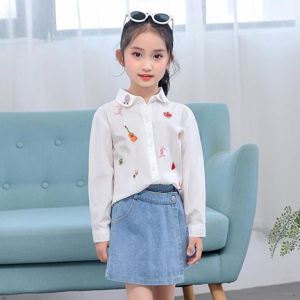 

shirts girls blouse white cotton cartoon embroidery shirt 2021 spring long sleeve turn-down collar child kids 8 10 12 years, White;black