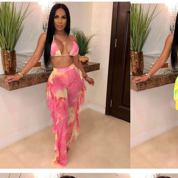 

summer tie dye print women tracksuits halter v neck ruffles pants suit two piece set beach tracksuit outfit, Gray
