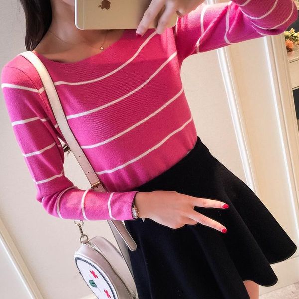 

women's sweaters 2021 korean autumn winter women and pullovers slash neck long sleeve striped knitted slim sueter mujer, White;black
