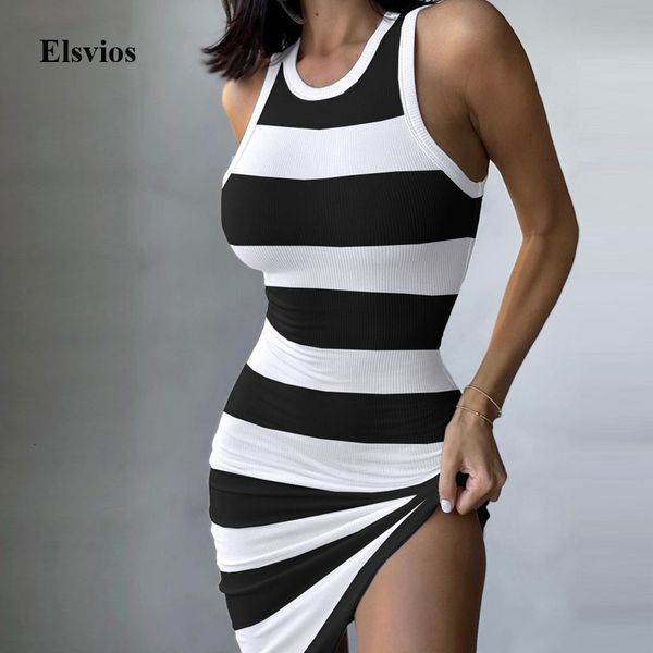 

casual dresses off shoulder sleeveless women mini 2021 summer stripe print tank elegant lady o-neck bodycon party dw9e, Black;gray