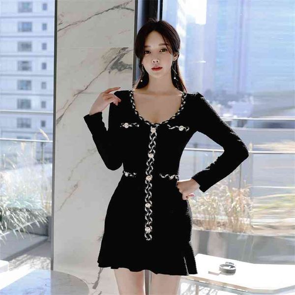 

black korean ladies fall long sleeve ruffle office party night dress for women china clothing 210602, Black;gray