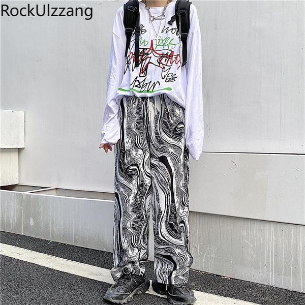 

women's pants & capris streetwear loose straight women harajuku drawstring high waist graffiti dark printed fashion pant graphic trouse, Black;white