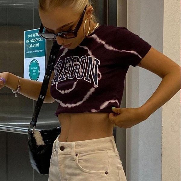 

fashion streetwear 2021 summer maroon letter print o neck short sleeve t shirts for women vintage casual sweet slim high street women's, White