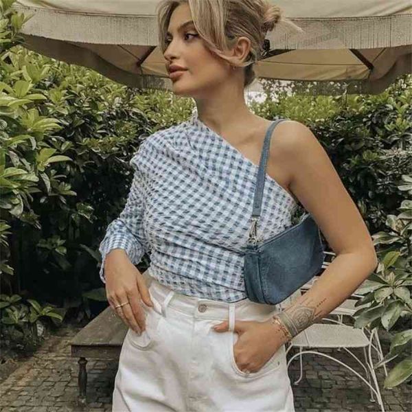 

women's blouses & shirts women fashion spring summer za skew collar blue plaid chic lady casual single long sleeve back buttons pl, White
