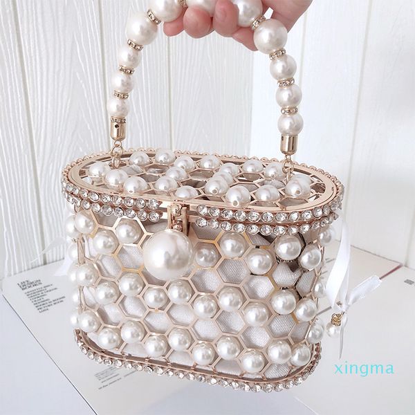 

2022luxury pearl women's handbag hollow out wedding clutch purse bag female rhinestone metal cage basket shoulder bag zd1846 c0121