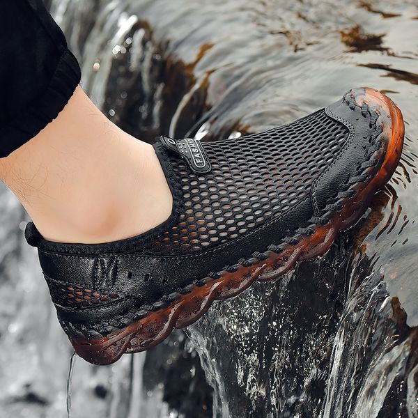 

summer handmade mesh men sandals breathable men casual shoes non-slip beach sandals classic outdoor men slippers plus size 38-46, Black