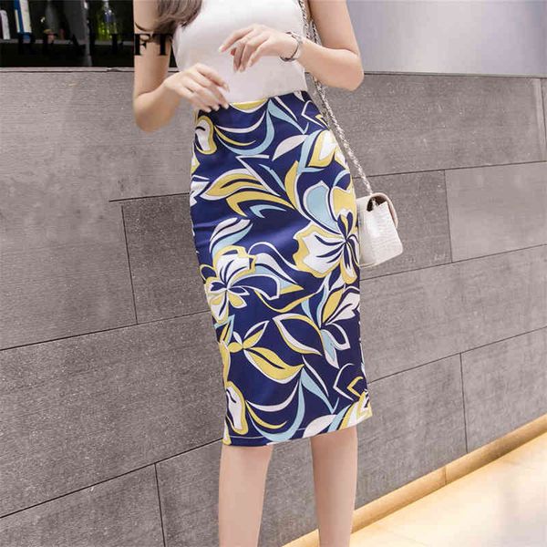

elegant floral printed sheath wrap skirts spring summer high waist zipper back split pencil midi womens 210428, Black
