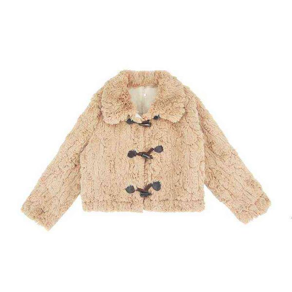 

syt warm and lovely ox horn buckle fur integrated short coat women's 2021 spring thickened plush top, Black;brown