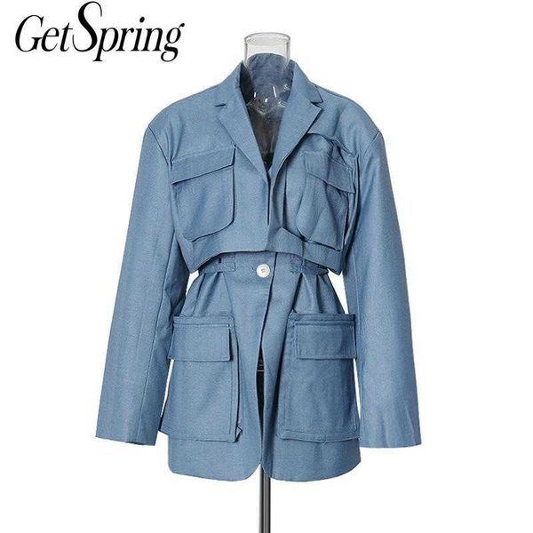 

getspring women blazer pocket decoration suit temperament ladies coat long slim waist women's jacket 210601, White;black