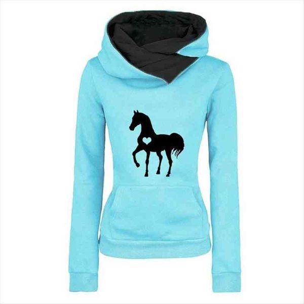 

autumn women hoodies horse printing lapel hoody sweatshirt casual streetwear soft female winter clothing, Black