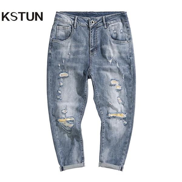 

men's jeans mens ripped copped trousers, Blue
