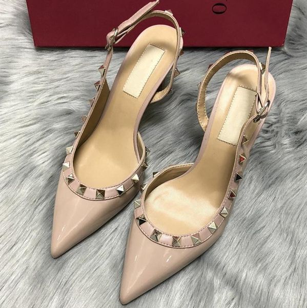 

summer women dress shoes leather buckle strap pointed toe rivets high heels, Black